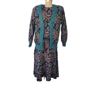 Vintage 80s 3 piece skirt suit with botanical tapestry print